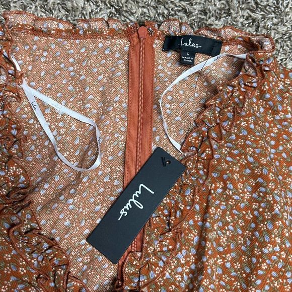 Lulu’s Admire You Orange Floral Print Ruffled Long Sleeve Mini Dress L - Picture 4 of 6
